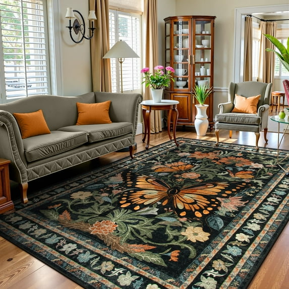 Lahome Decor 8'x10' Butterfly Area Rugs, 8x10ft Large Washable Rugs for Living Room, Non-Slip Bedroom Rugs Stain Resistant Boho Floral Rug Low-Pile Throw Rug for Dining Room Office,Black