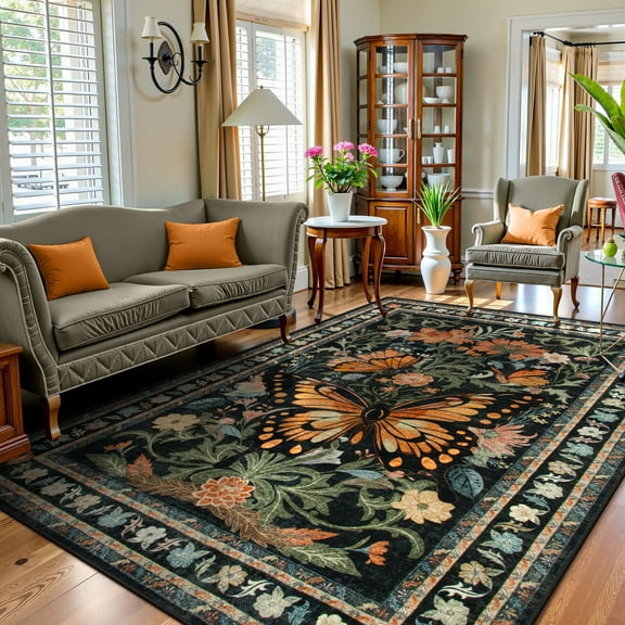Lahome Decor 8'x10' Butterfly Area Rugs, 8x10ft Large Washable Rugs for Living Room, Non-Slip Bedroom Rugs Stain Resistant Boho Floral Rug Low-Pile Throw Rug for ‎Dining Room Office,Black