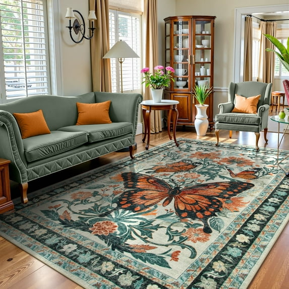 Lahome Decor 8'x10' Butterfly Area Rugs, 8x10ft Large Washable Rugs for Living Room, Non-Slip Bedroom Rugs Stain Resistant Boho Floral Rug Low-Pile Throw Rug for Dining Room Office,Beige