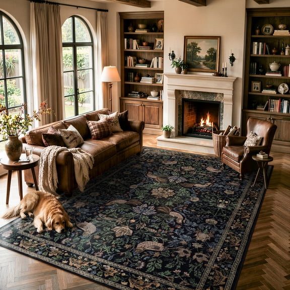 Lahome Decor 8'x10' Floral Area Rug for Living Room ,Area Rug 8x10ft ,Non Slip Machine Washable Rugs ,Vintage Rug Low Pile Boho Bird Rug for Bedroom Dining Room Office Farmhouse,Dark Green