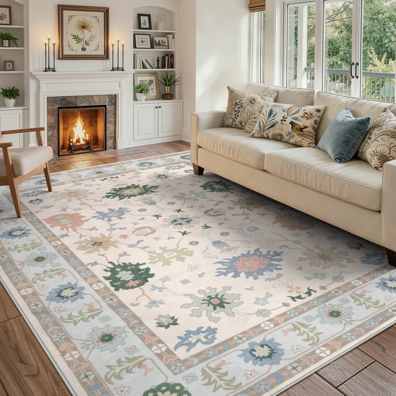 Lahome Decor 8'x10' Modern Oushak Washable Rugs,8x10ft Boho Area Rug for Living Room,Stain Resistant Soft Bedroom Rug, Ultra-Thin Cream Colorful Vintage Floral Rugs for Farmhouse Dining Room,Blue