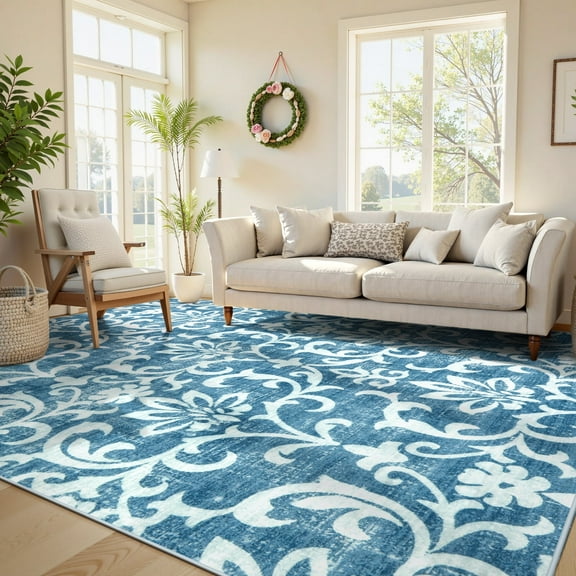 Lahome Decor 8'x10' Vintage Area Rug for Living Room,Washable Rug for Bedroom, Indoor Soft Distressed Floral Rugs Non-Slip Backing Accent Rugs for Farmhouse Dinning Room Kids Playroom,Light Blue