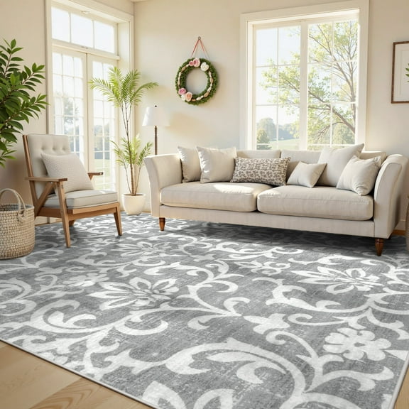 Lahome Decor 8'x10' Vintage Area Rug for Living Room,Washable Rug for Bedroom, Indoor Soft Distressed Floral Rugs Non-Slip Backing Accent Rugs for Farmhouse Dinning Room Kids Playroom,Light Grey