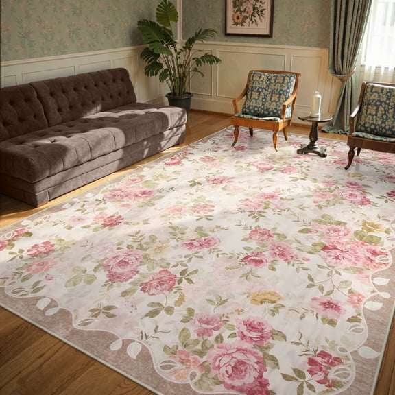 Lahome Decor 8'x10' Vintage Floral Area Rugs,8x10ft Large Rugs for Living Room Boho Area Rug Machine Washable, Low Pile Pink Rugs for Bedroom Girls Carpet for Nursery Rug Playroom Dining Room,Beige