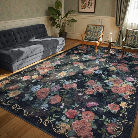 Lahome Decor 8'x10' Vintage Floral Area Rugs,8x10ft Large Rugs for Living Room Boho Area Rug Machine Washable, Low Pile Pink Rugs for Bedroom Girls Carpet for Nursery Rug Playroom Dining Room,Black