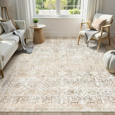 Lahome Decor 8'x10' Washable Area Rug,8x10ft Boho Tribe Rugs for Living Room With Non-Slip Backing, Stain Resistant Non-Shed Carpet for Bedroom, Dining Room, Dorm, Office,Farmhouse- Khaki