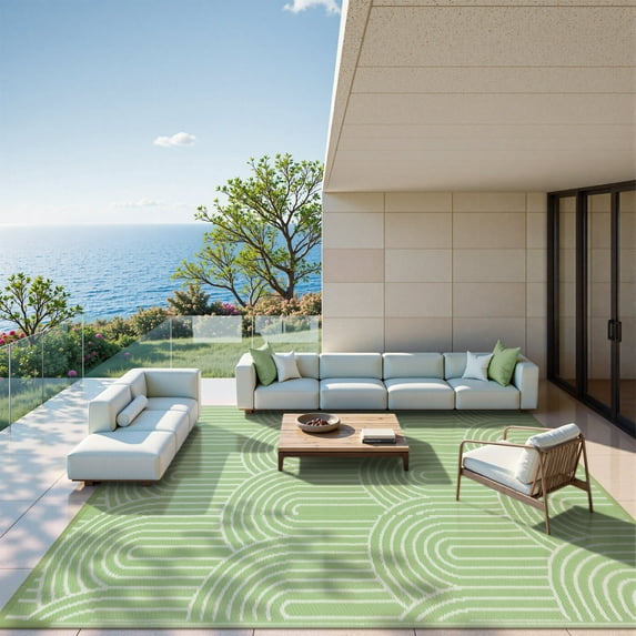 Lahome Decor 9’X12’ Rainbow Outdoor Rug for Patio,Beach Mats Waterproof, Camping Rug for Outside RV, Portable Plastic Straw Outdoor Area Rug for Backyard, Garden, Pool Deck,Green