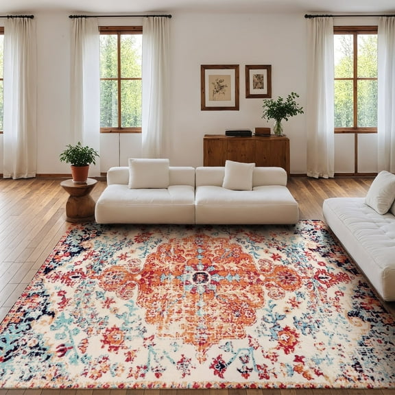 Lahome Decor 9'x12' Boho Area Rug for Living Room Washable Dining Rug Large Bohemian Floral Medallion Non Slip Vintage Indoor Accent Carpet for Nursery Kids Playroom Bedroom Office, Orange