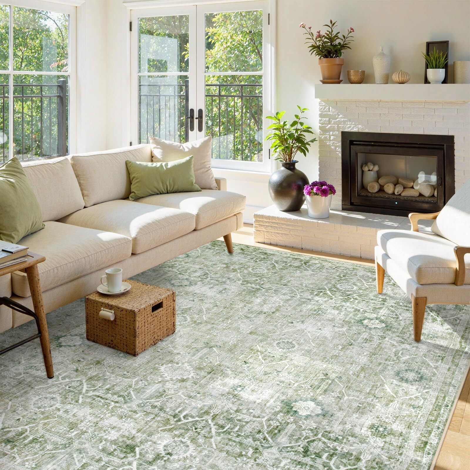 Lahome Decor 9'x12' Large Washable Area Rug for Living Room,9x12ft Boho Tribe Area Rug With Non-Slip Backing, Stain Resistant Non-Shed Carpet for Bedroom, Dining Room, Dorm, Office,Farmhouse- Green