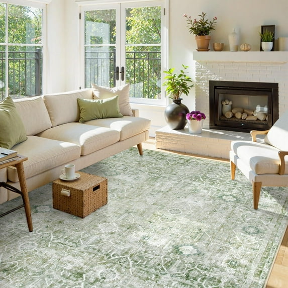 Lahome Decor 9'x12' Large Washable Area Rug for Living Room,9x12ft Boho Tribe Area Rug With Non-Slip Backing, Stain Resistant Non-Shed Carpet for Bedroom, Dining Room, Dorm, Office,Farmhouse- Green