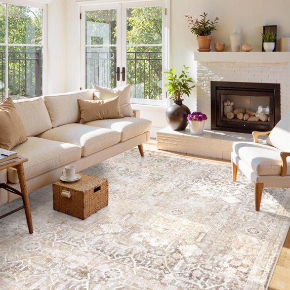 Lahome Decor 9'x12' Large Washable Area Rug for Living Room,9x12ft Boho Tribe Area Rug With Non-Slip Backing, Stain Resistant Non-Shed Carpet for Bedroom, Dining Room, Dorm, Office,Farmhouse- Khaki