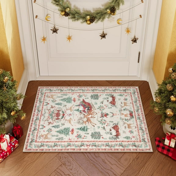 Lahome Decor Christmas Area Rug,2'x3',Elk, Snowflakes, Christmas Tree, Sleigh, House Pattern, Non-Slip Washable Indoor Area Rug,Beige