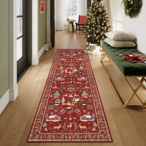 Lahome Decor Christmas Hallway Runner Rug, 2' x 8', Elk, Snowflakes, Christmas Tree, Sleigh, House Pattern, Non-Slip Washable Indoor Area Rug,Red