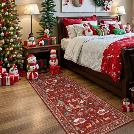 Lahome Decor Christmas Hallway Runner Rug,2'x6' Holiday Decorative Xmas Tree and Snowflake Area Rug,Non-Slip Washable Indoor Door Mat for Living Room,Bedroom,Entryway,Red