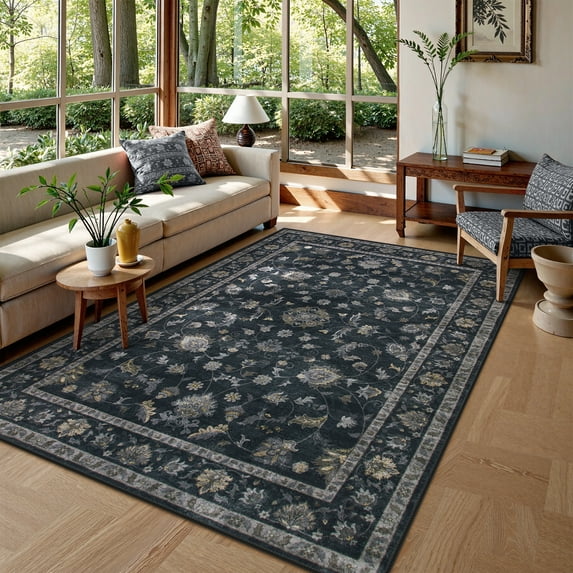 Lahome Decor Floral Area Rug 5x7, Machine Washable Rugs for Entryway, Non Slip Rug with Vintage Printed, Low Pile Carpet for Living Room Kitchen Bedroom Home, Black