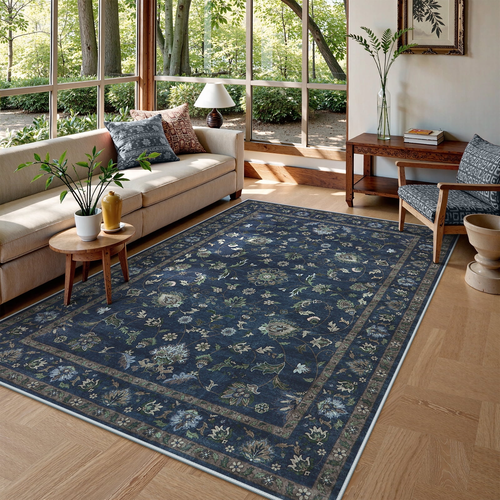 Lahome Decor Floral Area Rug 5x7, Machine Washable Rugs for Entryway, Non Slip Rug with Vintage Printed, Low Pile Carpet for Living Room Kitchen Bedroom Home, Blue