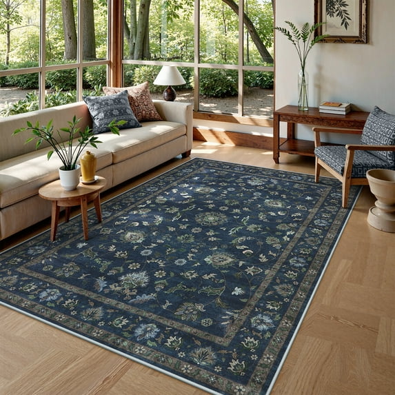 Lahome Decor Floral Area Rug 5x7, Machine Washable Rugs for Entryway, Non Slip Rug with Vintage Printed, Low Pile Carpet for Living Room Kitchen Bedroom Home, Blue