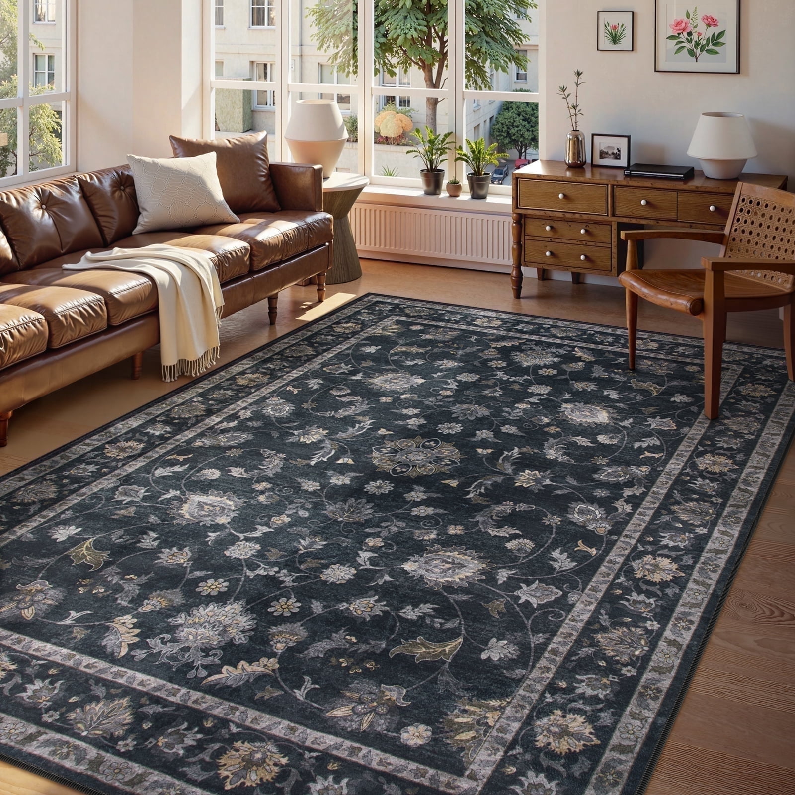 Lahome Decor Floral Area Rug 6'x9', Machine Washable Rugs for Living Room, Non Slip Rug with Vintage Printed, Low Pile Carpet for Bedroom Dining Room Home Office, Black