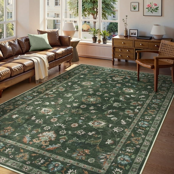 Lahome Decor Floral Area Rug 6'x9', Machine Washable Rugs for Living Room, Non Slip Rug with Vintage Printed, Low Pile Carpet for Bedroom Dining Room Home Office, Green