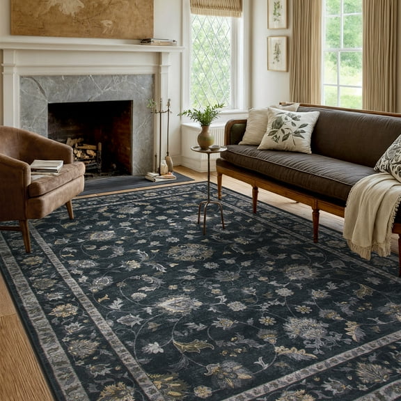 Lahome Decor Floral Area Rug 8x10, Machine Washable Rugs for Living Room, Non Slip Rug with Vintage Printed, Low Pile Carpet for Bedroom Dining Room Home Office, Black