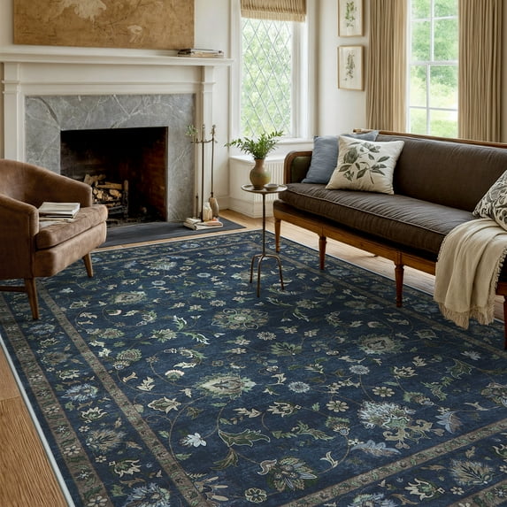 Lahome Decor Floral Area Rug 8x10, Machine Washable Rugs for Living Room, Non Slip Rug with Vintage Printed, Low Pile Carpet for Bedroom Dining Room Home Office, Blue