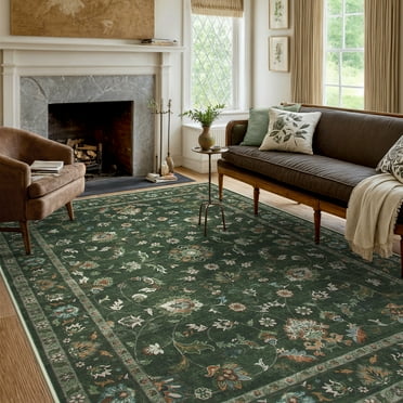 Lahome Decor Floral Area Rug 8x10, Machine Washable Rugs for Living Room, Non Slip Rug with Vintage Printed, Low Pile Carpet for Bedroom Dining Room Home Office, Green