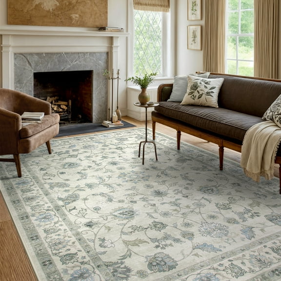 Lahome Decor Floral Area Rug 8x10, Machine Washable Rugs for Living Room, Non Slip Rug with Vintage Printed, Low Pile Carpet for Bedroom Dining Room Home Office, Grey-Beige