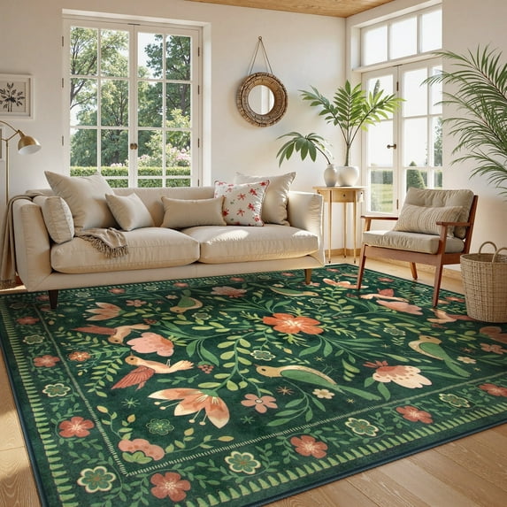 Lahome Decor Large 8'x10' Boho Floral Area Rugs for Living Room,Non Slip Rug with Bird Printed Machine Washable,Soft Indoor Low Pile Carpet for Bedroom Dining Room Playroom Office,Green
