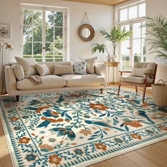 Lahome Decor Large 8'x10' Boho Floral Area Rugs for Living Room,Non Slip Rug with Bird Printed Machine Washable,Soft Indoor Low Pile Carpet for Bedroom Dining Room Playroom Office,Beige
