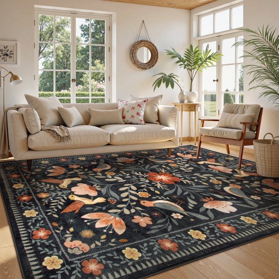 Lahome Decor Large 8'x10' Boho Floral Area Rugs for Living Room,Non Slip Rug with Bird Printed Machine Washable,Soft Indoor Low Pile Carpet for Bedroom Dining Room Playroom Office,Black