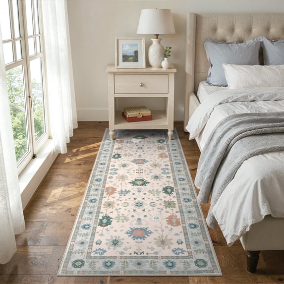 Lahome Decor Modern Oushak Bedroom Runner Rug, Boho Floral 2x6 Runners for Hallways 6ft, Non Slip Washable Soft Rug Kitchen, Ultra Thin Turkish Retro Carpet Runners for Bathroom Entryway,Blue