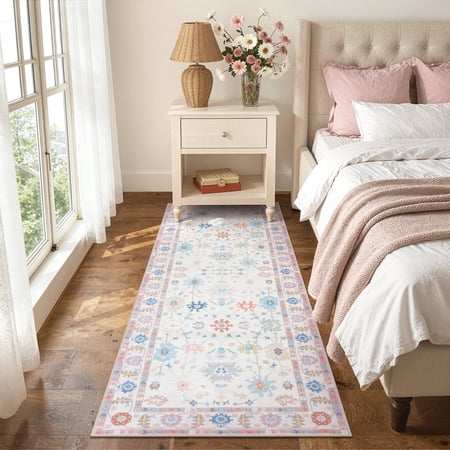 Lahome Decor Modern Oushak Bedroom Runner Rug, Boho Floral 2x6 Runners for Hallways 6ft, Non Slip Washable Soft Rug Kitchen, Ultra Thin Turkish Retro Carpet Runners for Bathroom Entryway,Pink