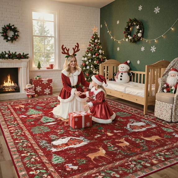 Lahome Festive Red 8x10 Christmas Rug - Santa and Tree Pattern Soft Carpet, Non-Slip Washable Floor Mat for Living Room, Bedroom, Dining Room Holiday Decor