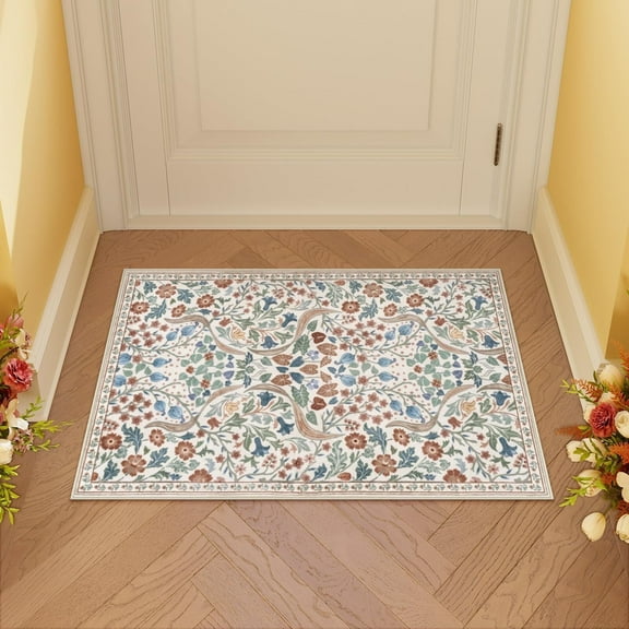 Lahome Floral 2'x3' Rugs for Entryway, Washable Kitchen Rug Non Slip Small Bathroom Throw Rug, Boho Flower Soft Ultra Thin Indoor Front Door Mat for Laundry Bedroom Entry, Beige