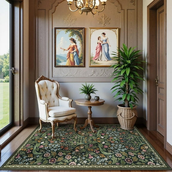 Lahome Floral 3'x5' Area Rug, Washable Non Slip Soft Bedroom Rugs, Boho Green Small Rugs for Living Room, Botanical Ultra Thin Throw Carpet for Kitchen Entryway Bathroom, Green