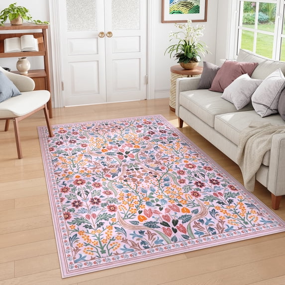 Lahome Floral 3'x5' Pink Rug for Bedroom Girls, Washable Soft Nursery Rug Non Slip, Boho Small Living Room Throw Carpet, Ultra Thin Flower Indoor Area Rug for Kids Room Dorm, Pink