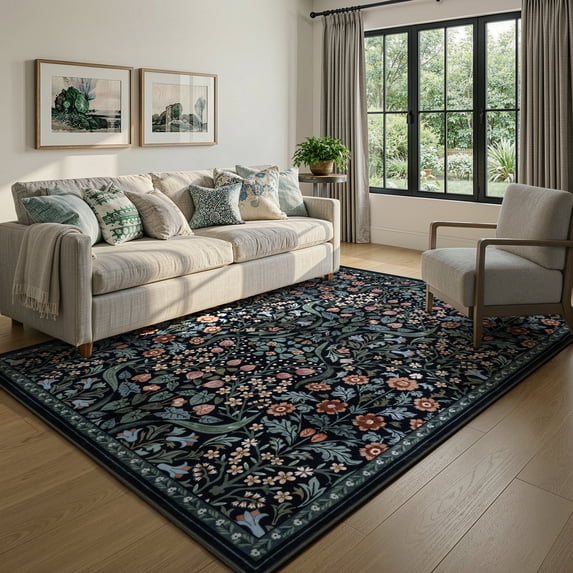 Lahome Floral 5'x7' Living Room Area Rug, Soft Washable Rugs for Bedroom, Non Slip Ultra Thin Boho Rug Botanical Stain Resistant Floor Carpet for Dining Room Home Office, Black