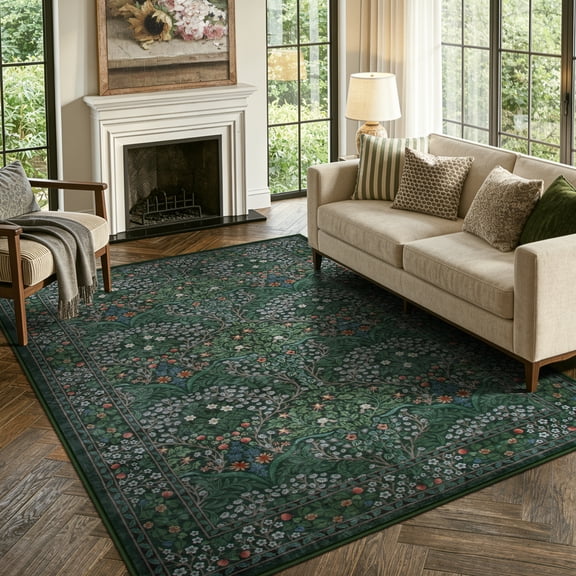 Lahome Floral Dark Green Area Rugs 5x7 – Soft Washable for Living Room & Bedroom, Boho Non Slip Low Pile Large Throw Carpet, Forest Stain Resistant, Ideal for Farmhouse Dining Room Office