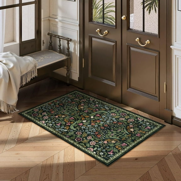 Lahome Floral Kitchen Rug, 2'x3' Washable Rugs Green Non Slip Boho Bathroom Rug, Soft Small Area Rug Indoor Door Mat, Ultra Thin Botanical Throw Rugs for Entryway Bedroom, Green