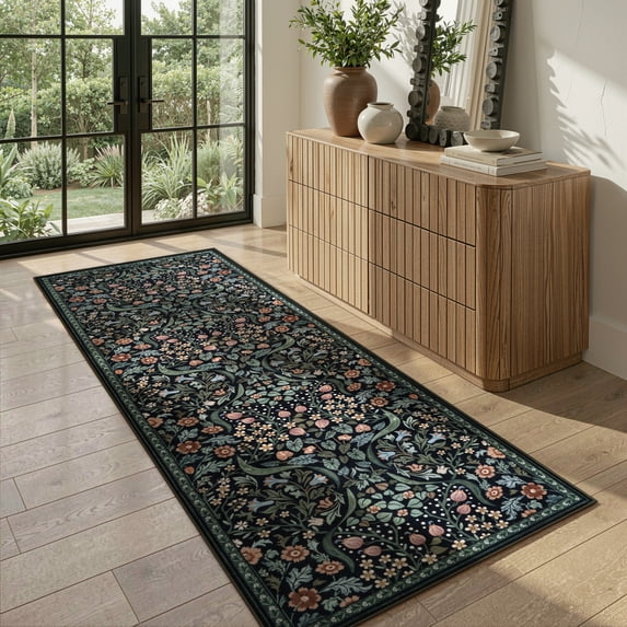 Lahome Floral Kitchen Runner Rug, 2'x6' Runners for Hallways 6ft Non Slip Washable Soft Rug Runner, Boho Botanical Ultra Thin Stain Resistant Carpet Runner for Bathroom Entryway, Black