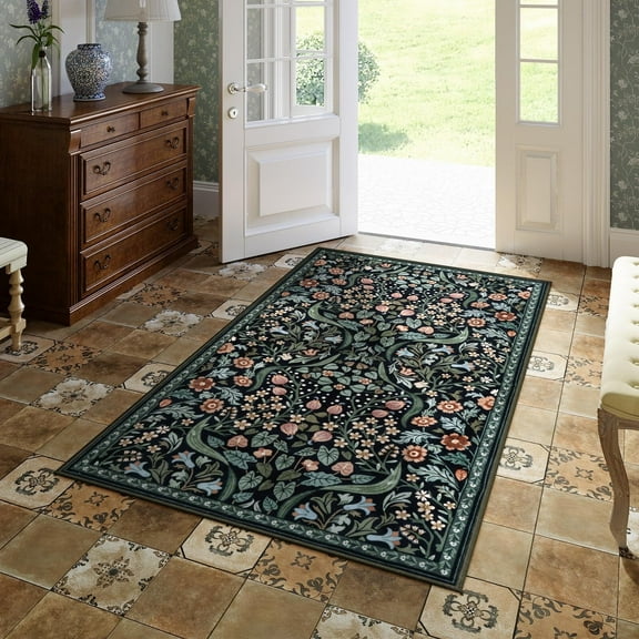 Lahome Floral Machine Washable Rugs, 3'x5' Rug for Entryway Non Slip Small Botanical Living Room Area Rug, Boho Ultra Thin Soft Bedroom Floor Throw Carpet for Dorm Bathroom Nursery, Black