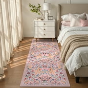 Lahome Floral Runner Rug 2'x6' Non-Slip Washable Boho Carpet for Hallway Bathroom,2x6 Pink Washable Runner Rug Ultra-Thi