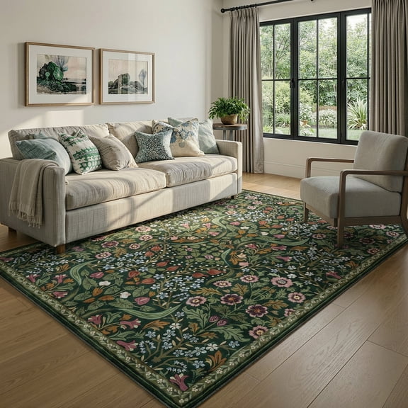 Lahome Floral Washable 5'x7' Rug, Green Area Rugs for Living Room, Non Slip Boho Dining Room Rug Under Table, Botanical Ultra Thin Floor Carpet for Bedroom Home Office, Green