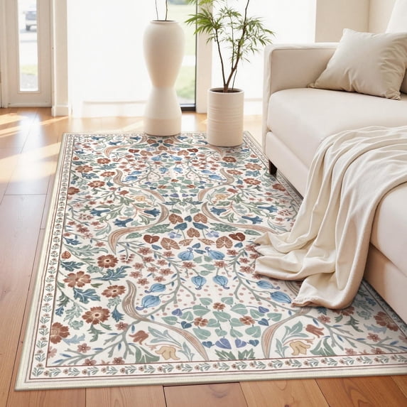 Lahome Floral Washable Area Rugs,3'x5' Rugs for Bedroom Non Slip Soft Entry Rug, Boho Flower Small Living Room Throw Rug Ultra Thin Floor Carpet for Dorm Bathroom Nursery, Beige