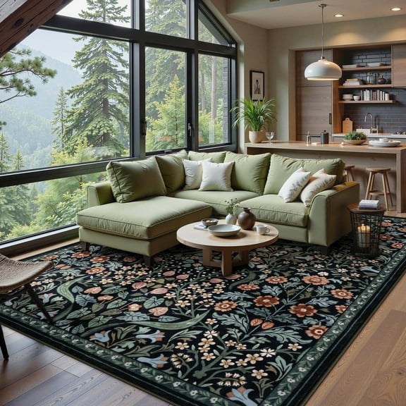 Lahome Floral Washable Rugs, 8'x10' Area Rug for Living Room, Soft Large Boho Bedroom Rug, Botanical Non Slip Ultra Thin Floor Carpet for Dining Room Nursery Office, Black