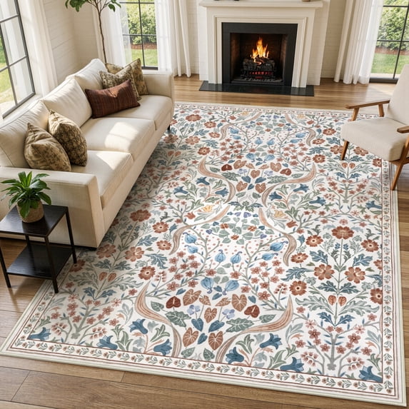Lahome Floral Washable Rugs, 8x10 Area Rug for Living Room, Soft Large Boho Bedroom Rugs, Flower Non Slip Ultra Thin Botanical Carpet for Dining Room Nursery Office, Beige