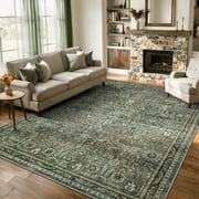 Lahome Green 8x10 Rugs for Living Room, Vintage Boho Washable Large Bedroom Area Rug, Non Slip Floral Mat Soft Low Pile Carpet for Dining Room Farmhouse Office