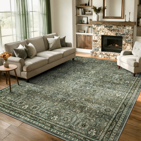 Lahome Green 8x10 Rugs for Living Room, Vintage Boho Washable Large Bedroom Area Rug, Non Slip Floral Mat Soft Low Pile Carpet for Dining Room Farmhouse Office
