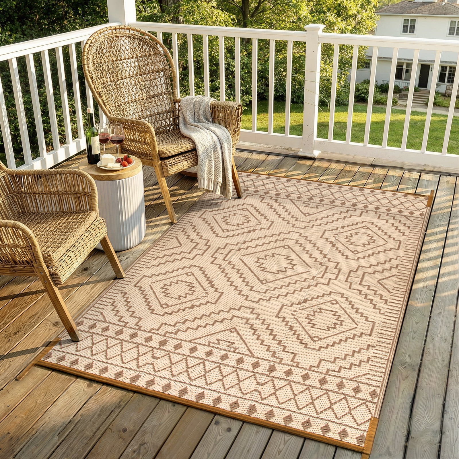 Lahome Indoor/Outdoor Decor Rug 4x6 in Beige & Brown - Waterproof & Reversible Plastic Straw Mat for Patio, Deck, Balcony, Picnic, RV Camping