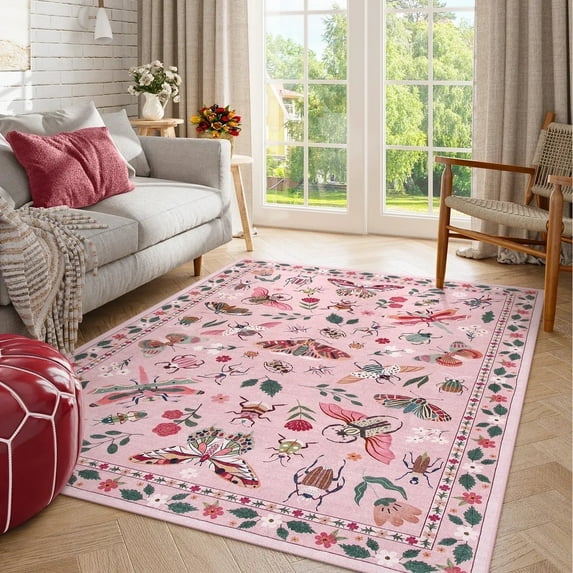 Lahome Insect 6x9 Rug, Washable No Shedding Carpet for Living Room Office, Ultra Thin Rug for Girls Bedroom,Blush Pink